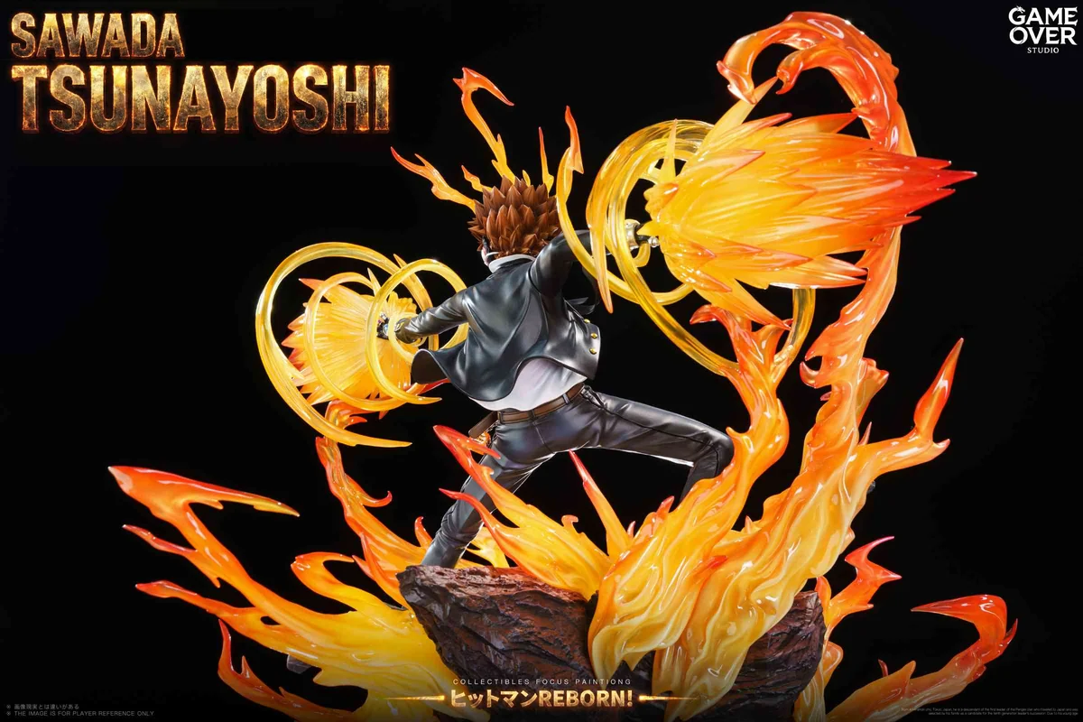 "Ultra-limited 1/6 Sawada Tsunayoshi resin statue details are shown. Dynamic action pose, intricate sculpting, and fiery aura are visible from various."
