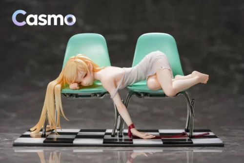 "Vibrant 1/7 Shinobu Monogatari Series resin statue by Casmo Studio, exquisitely detailed, playfully perched on a giant doughnut in her iconic pose."