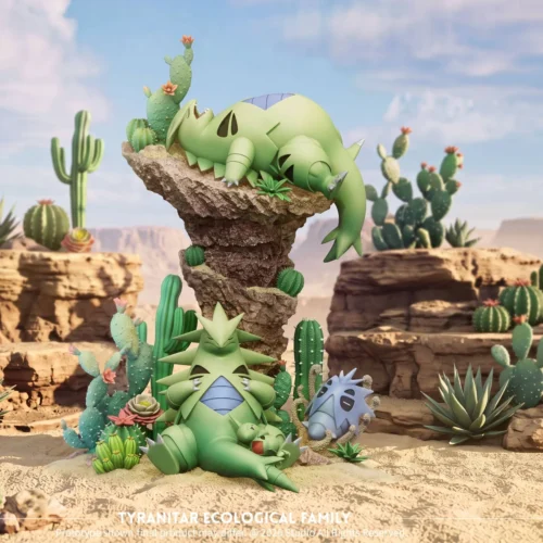 "Dynamic Tyranitar evolutionary line Pokémon statue by Twin Island x Kipi Studio. Unique angle shows rugged rocky ecosystem diorama."