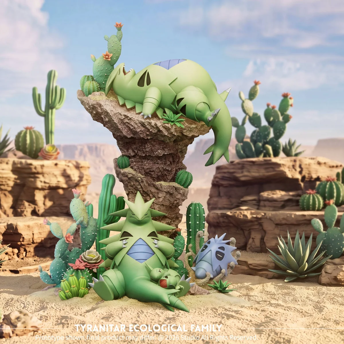 "Dynamic Tyranitar evolutionary line Pokémon statue by Twin Island x Kipi Studio. Unique angle shows rugged rocky ecosystem diorama."
