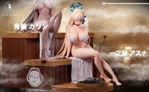 "1/6 Asuna & Karin Sauna Resonance Blue Archive figure details. Premium limited edition sauna diorama's intricate sculpting in multi-angle views."