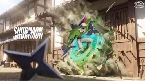 "Limited Edition MH Scale Pure Innocence Ninjamon Digimon resin statue by Nan Gua Zhou Studio, showcasing a dynamic action pose with vibrant energy."