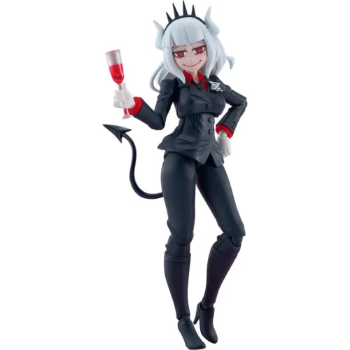 "Highly articulated Helltaker Lucifer figma by Good Smile Company Studio, viewed from multiple angles, showcasing sleek sculpt and iconic."