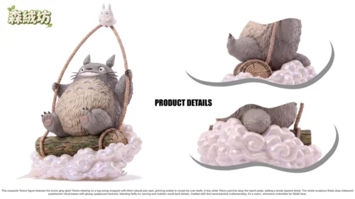 "Explore detailed angles of the iconic My Neighbor Totoro on a charming swing resin figure, showcasing its whimsical forest charm and premium cloud."