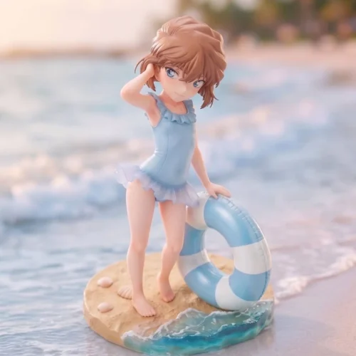"Ai Haibara Swimsuit Figure, a premium ultra-limited Detective Conan collectible by Huawu Studio, depicting a serene summer beach scene."