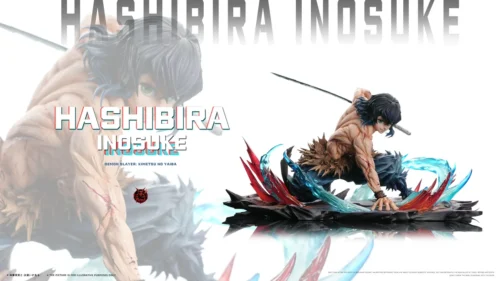 "Premium Inosuke Hashibira Demon Slayer resin statue by Fiend Studio, captured in a dynamic combat pose with his iconic boar mask."