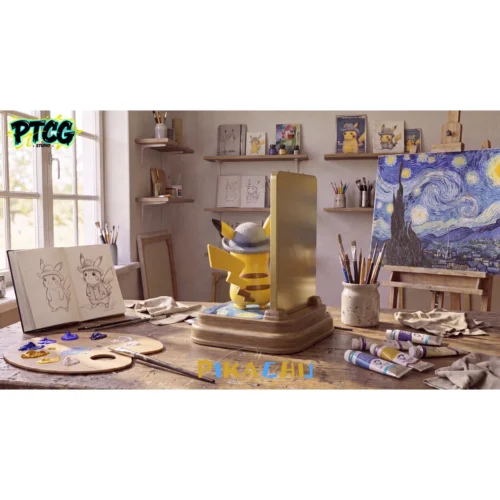 "Moka Studio's limited edition Van Gogh Pikachu statue, showcasing intricate 'Starry Night' style sculpting from a distinct angle."