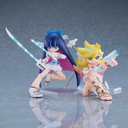 "Highly poseable Panty & Stocking figma figures, showing vibrant angel details and expressive articulation from multiple angles."