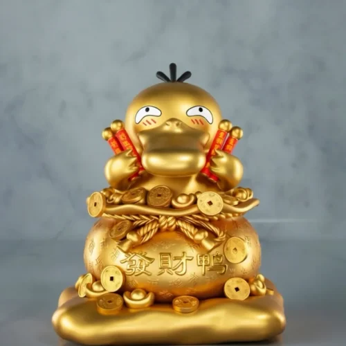 "Adorable Fortune Psyduck Pokémon resin statue by MMLAND Studio. Features different angles revealing its lucky bag and charming details, symbolizing."
