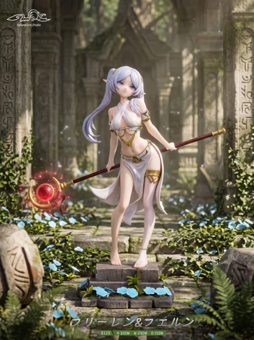 "Exquisite Frieren Fern Statue: dynamic poses, ethereal effects, intricate bases, faithful details, all from multiple angles."