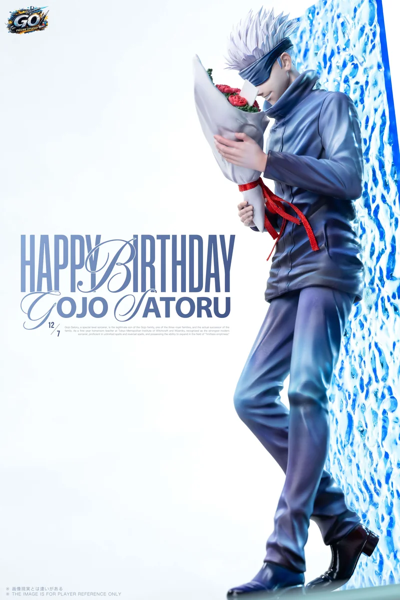 "Gojo Satoru Bouquet Jujutsu Kaisen resin statue close-up, revealing elegant white suit details and romantic bouquet. Limited edition figure."