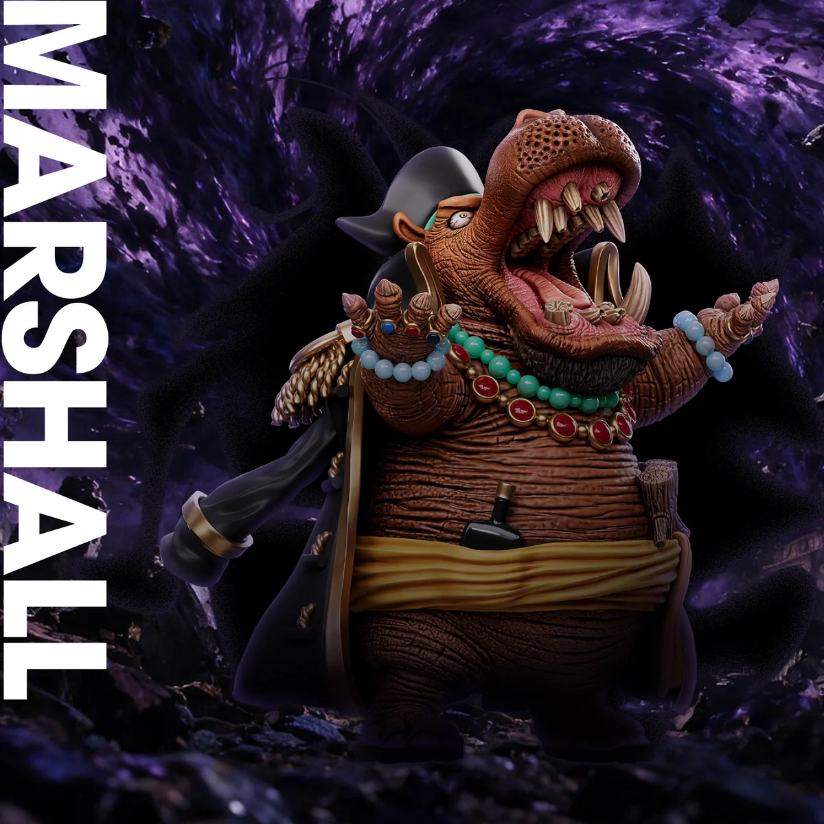 "Gallery showing the unique YZ Studio Blackbeard hippo One Piece statue from various angles, revealing its playful design, vibrant base, and intricate."