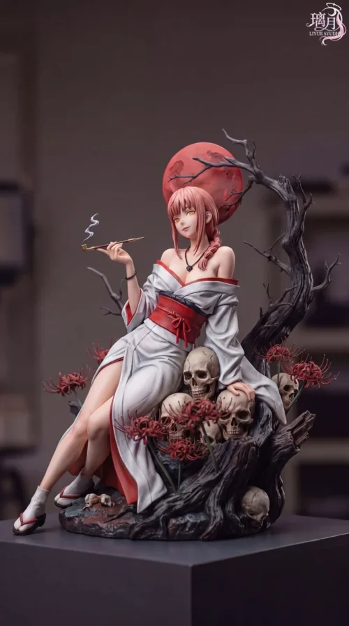"Stunning limited edition Makima 2.0 Chainsaw Man resin statue by Liyue Studio, featuring her powerful pose with a dramatic crimson moon backdrop."