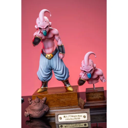 "Dynamic APM Studio Kid Buu Dragon Ball Z collectible figure, capturing his mischievous tongue-out pose with vibrant colors and premium detail."