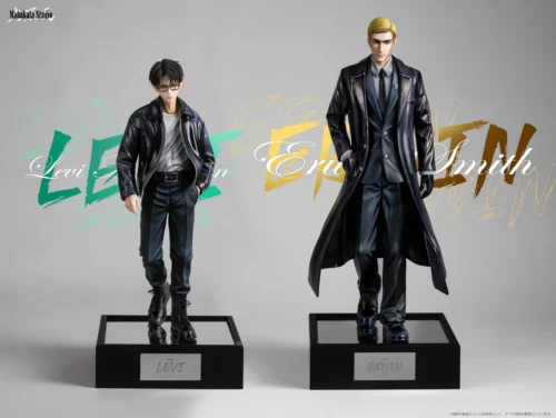 "Dynamic 1/6 Levi Ackerman & Erwin Smith Attack on Titan leather statue, highlighting ultra-limited, exclusive alternate sculpts by Mahakala Studio."