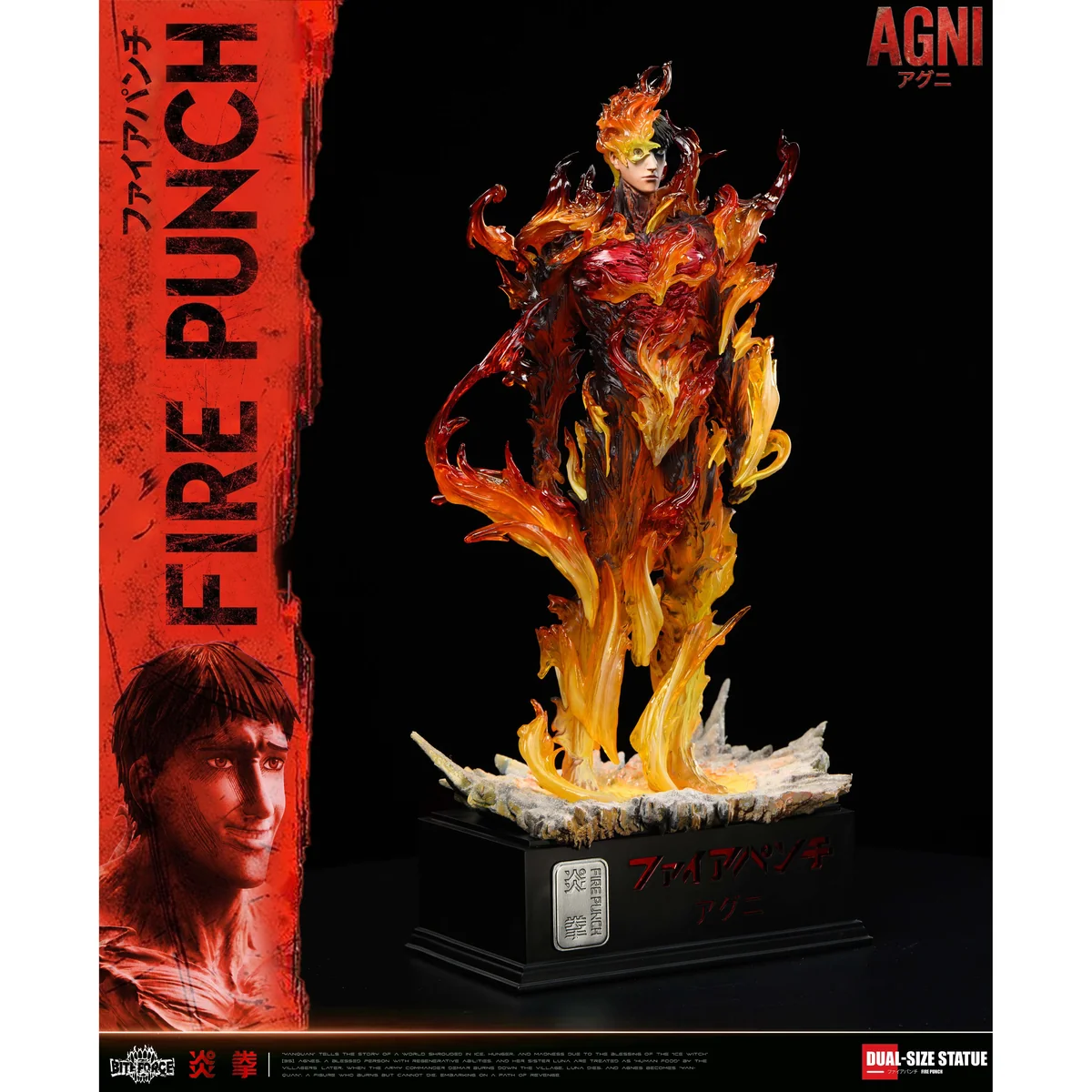 "Dynamic 1/6 & 1/4 Fire Punch Agni resin statue by BiteForce Studio, showcasing its flame-engulfed luminous body with remote LED lighting."