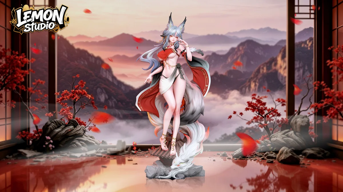 "Detailed views of the 1/6 & 1/4 Wuthering Waves Xinyuehu resin statue, highlighting its elegant fox-spirit design, intricate sculpting, and dynamic."