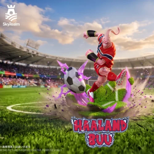 "Playful Majin Buu Haaland figure, a dynamic Dragon Ball x Soccer crossover resin statue, striking a pose on a grassy field with a soccer ball effect."