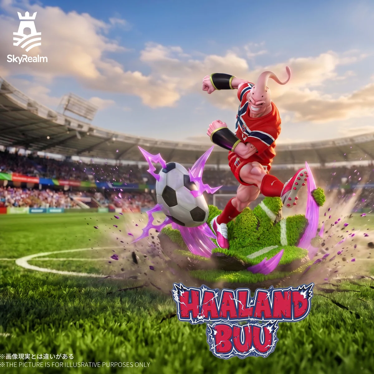 "Playful Majin Buu Haaland figure, a dynamic Dragon Ball x Soccer crossover resin statue, striking a pose on a grassy field with a soccer ball effect."