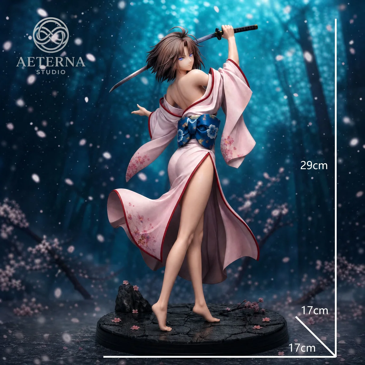 "Ryougi Shiki 1/6 Figure, Aeterna Studio cold-tone variant. Dynamic katana pose, flowing kimono, and intricate details from all angles."