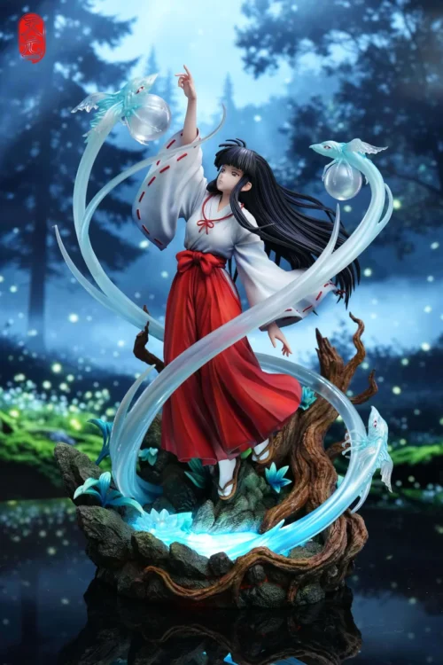 "1/6 Kikyo Inuyasha statue by TY-Studio, showcasing her dynamic archer pose, luminous LED base, and ethereal transparent spirit effects."