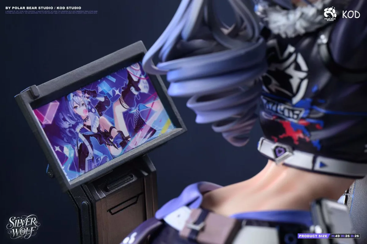 "1/4 Silver Wolf Honkai: Star Rail Resin Statue, displaying its dynamic pose, exquisite metallic finish, and intricate cybernetic details from various."