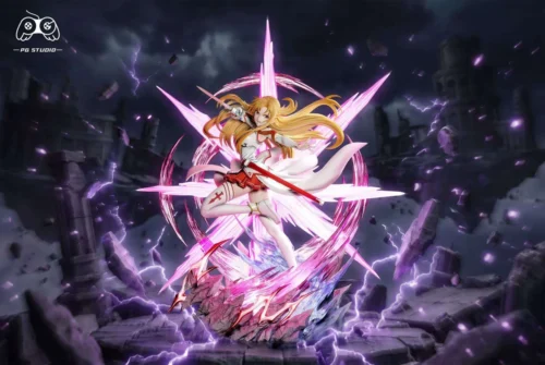"Heroic 1/6 Asuna Yuuki Sword Art Online statue by PG Studio in dynamic combat pose with vibrant LED effects. A premium limited edition collectible."