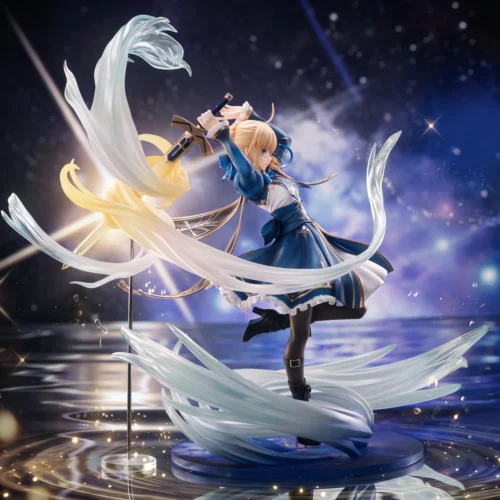 "Dynamic 1/7 Saber Honkai Figure statue, embodying elegant knightly power and futuristic sci-fi aesthetics. Intricate sculpted details highlight."