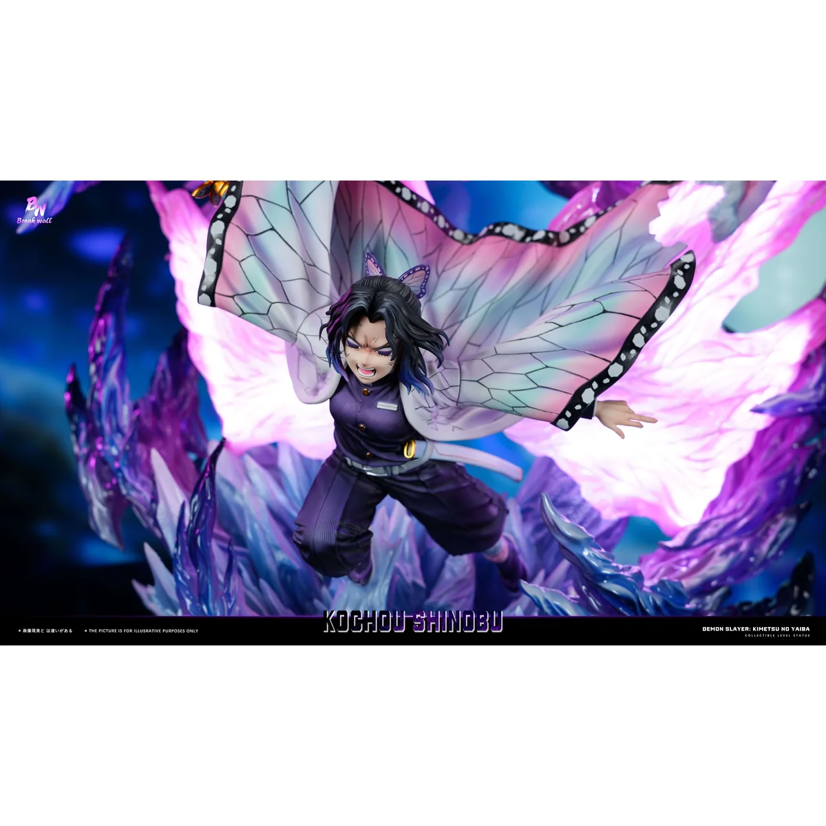 "Dynamic 1/6 Shinobu Kocho Demon Slayer statue, showcasing premium sculpt details, vibrant LED light-up butterfly effects, and interchangeable parts."