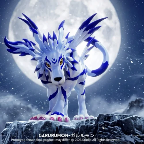"Limited Edition TriROOT Studio Garurumon Digimon Adventure statue, showcasing its fierce mature form roaring dynamically on an arctic base."