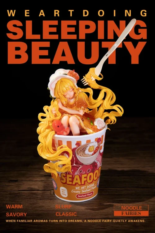 "Playful, limited edition Cup Noodle Girl & Fried Noodle Girl anime noodle figures. Gallery shows vibrant sculpts, dynamic poses, and varied angles."