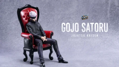 "Limited Edition Satoru Gojo Resin Statue from Jujutsu Kaisen, confidently seated on a striking red chair, showcasing his power and premium detail."