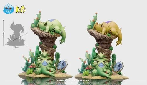 "Dynamic 1/20 Tyranitar evolutionary line Pokémon statue diorama. Featuring Tyranitar's full evolution in a rugged rocky ecosystem."