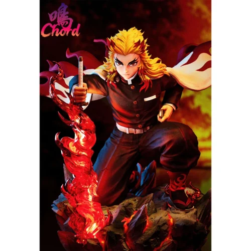 "Dynamic Kyojuro Rengoku LED statue from Demon Slayer, showcasing intricate Flame Breathing effects and premium resin sculpt details from multiple."