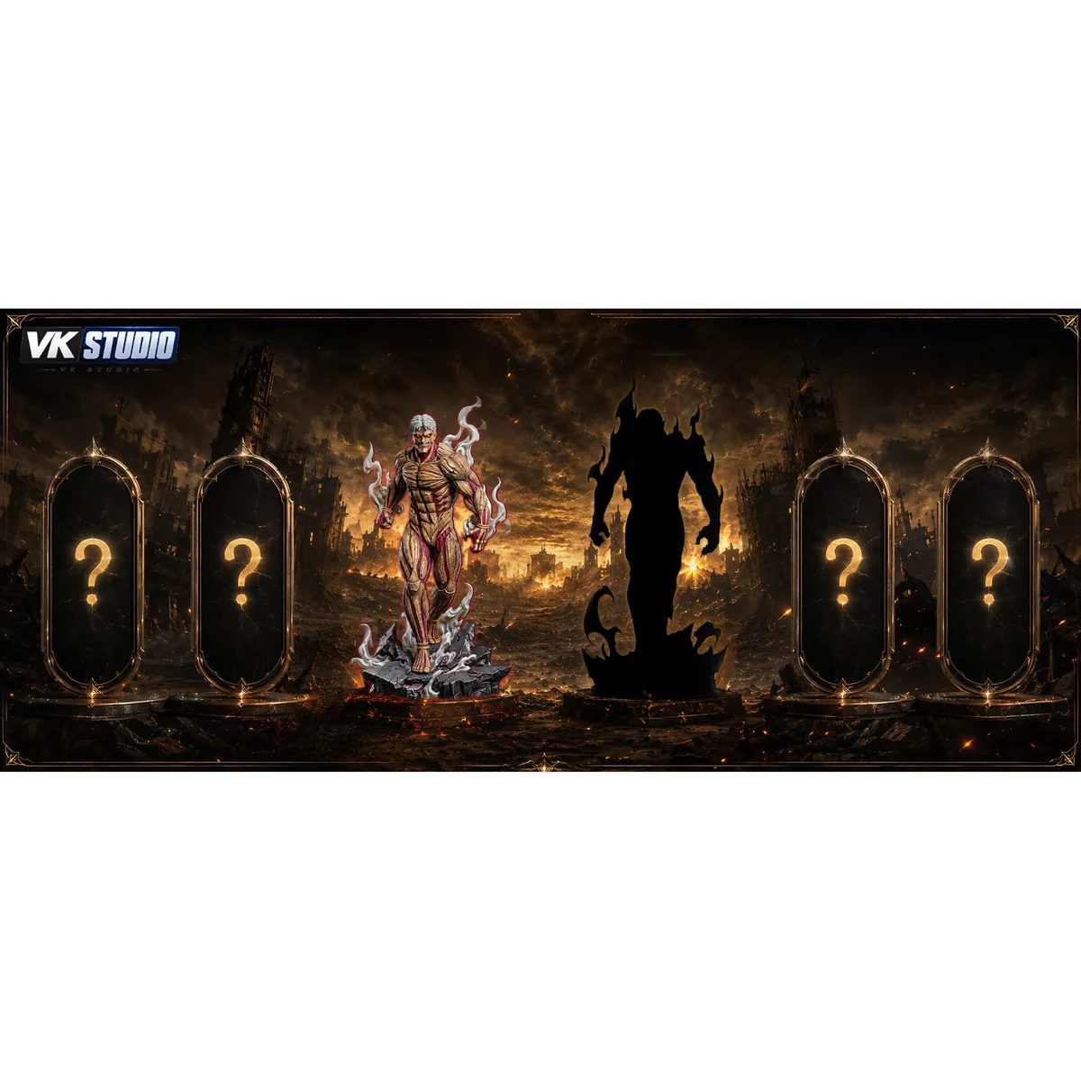 "VK Studio's ultra-limited Armored Titan Attack on Titan LED statue, dynamic details and illumination from all angles."