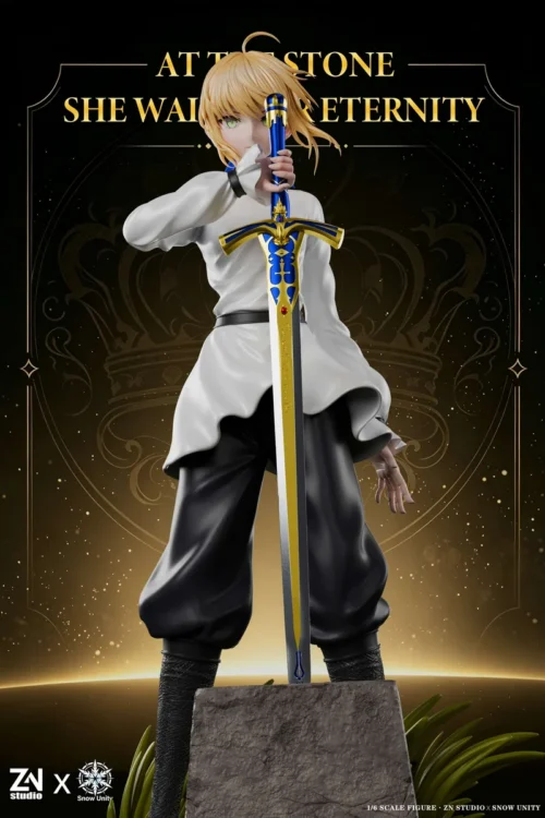 "Premium 1/6 Artoria Pendragon Saber Fate figure, dynamically posed with Excalibur. An extremely limited edition collectible."