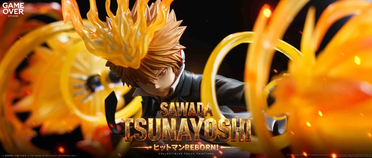 "Ultra-limited 1/6 Sawada Tsunayoshi resin statue details are shown. Dynamic action pose, intricate sculpting, and fiery aura are visible from various."