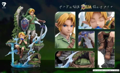 "Dynamic 1/6 Hero of Time Link resin statue featuring dual forms from The Legend of Zelda: Ocarina of Time, capturing Link's evolution in an iconic."