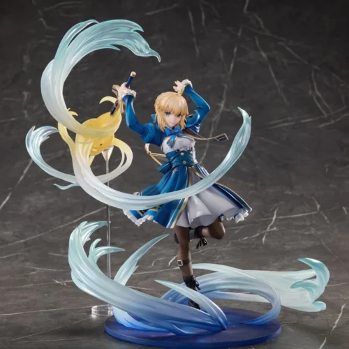"Saber Honkai figure: a dynamic 1/7 Fate/Honkai crossover statue. Displays elegant knightly power with futuristic sci-fi aesthetics."