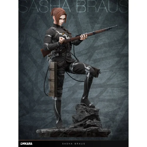 "Limited Edition 1/6 Sasha Braus Attack on Titan CHIKARA STUDIO dynamic statue. Gallery shows her fierce bow, battlefield details."