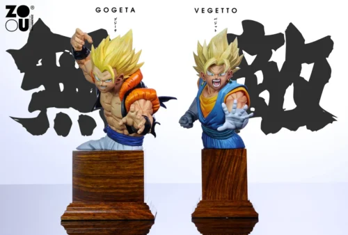 "Limited Edition Jackie Studio Dragon Ball Gogeta & Vegito fusion statue, captured in dynamic battle with vibrant energy effects."