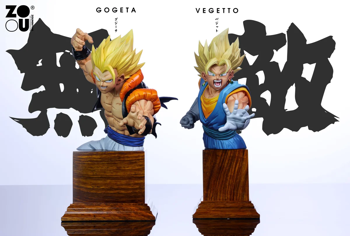 "Limited Edition Jackie Studio Dragon Ball Gogeta & Vegito fusion statue, captured in dynamic battle with vibrant energy effects."