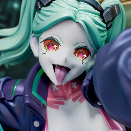 "Exquisite 1/4 scale Rebecca Cyberpunk Edgerunners figure displayed from multiple angles, highlighting intricate sculpting, dynamic pose, and vibrant."