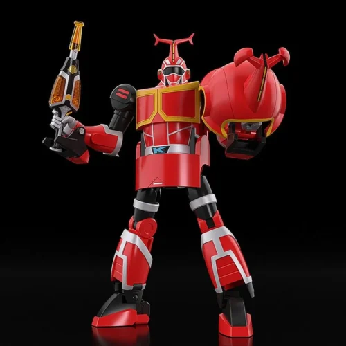 "Articulated MODEROID Kabutack model kit in a dynamic pose, highlighting vibrant colors and iconic transforming features for playful display."