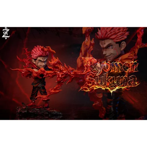 "Dynamic Jujutsu Kaisen Sukuna figure by Z.Studio, wielding a fiery bow in a powerful battle stance atop an LED light-up lava base, showcasing."