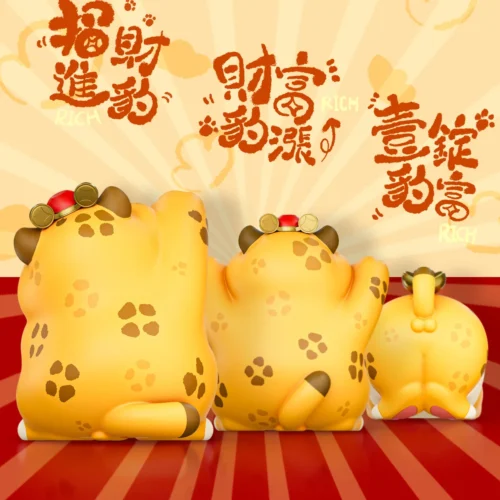 "Close-up views of the adorable Bao Pang Lucky Leopard resin statue, showcasing its chubby design, intricate gold symbols, and playful, fortune-bring."