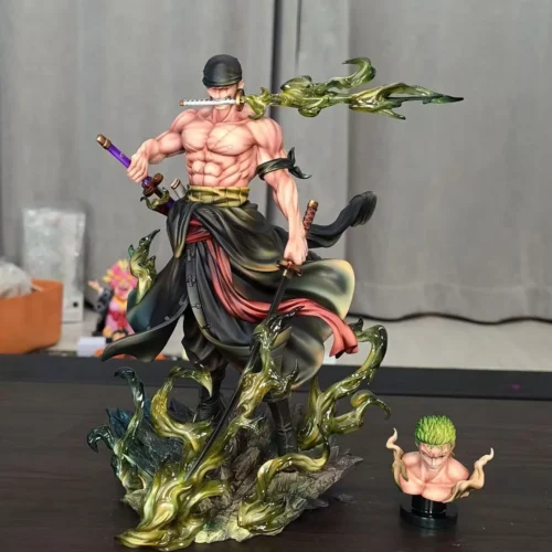 "Limited Edition Roronoa Zoro One Piece resin statue. Dynamic battle pose, fierce determination, iconic triple metal swords, premium detail."