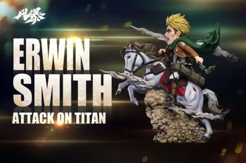 "Premium Erwin Smith Attack on Titan statue by Fengbao Studio, dynamically sculpted on horseback, showcasing his heroic resolve in high-quality resin."