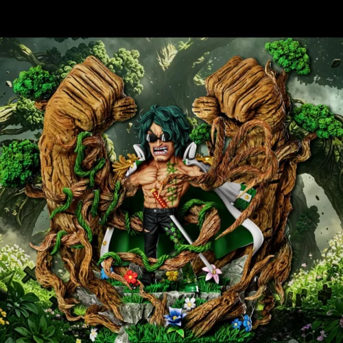 "Green Bull Aramaki One Piece statue. Dynamic Ryokugyu sculpt with plant powers and a detailed scene base from A+ Institute Studio, shown from various."