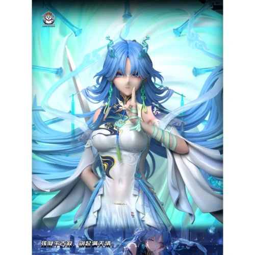 "Views of 1/6 Serene Female Sword Immortal Qingxiao statue, highlighting intricate details, stunning full light-up base, and dynamic sword aura."